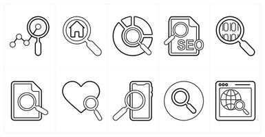 A set of 10 mix icons as analytics, home search, data search in black line color vector
