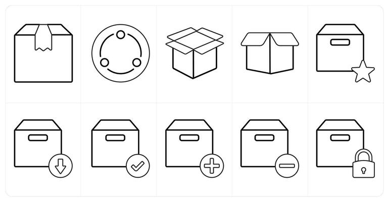 A set of 10 mix icons as parcel, network, box in black line color