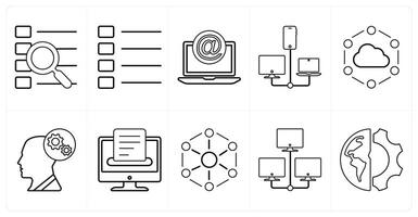 A set of 10 mix icons as search menu, nav menu, mention in black line color vector