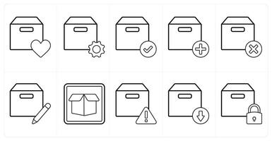 A set of 10 mix icons as favorite box, box setting, verified box in black line color vector