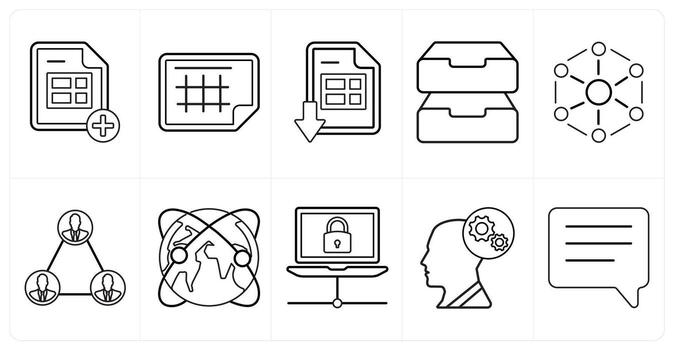 un conjunto de 10 mezcla íconos como añadir hoja, sobresalir hoja, descargar sobresalir sábana en negro línea color vector