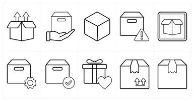 A set of 10 mix icons as upload box, foward parcel, box in black line color vector