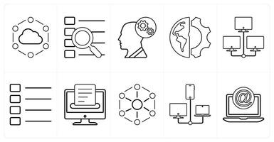 A set of 10 mix icons as cloud connection, search menu, optimization in black line color vector