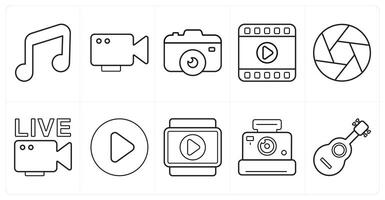 A set of 10 mix icons as music, , camera in black line color vector