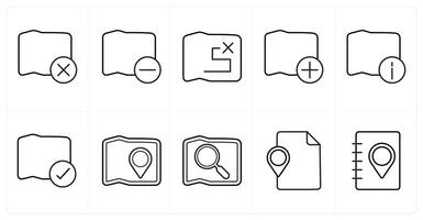 A set of 10 Navigation icons as wrong map, map, wrong route in black line color vector