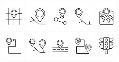 A set of 10 Navigation icons as direction, city map, share location in black line color vector