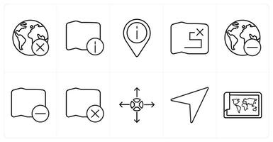 A set of 10 Navigation icons as global, map information, location in black line color vector