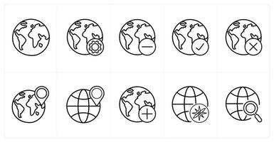 A set of 10 Navigation icons as global, map settings, location in black line color vector