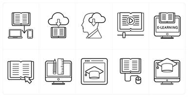A set of 10 online education icons as data share, download book, online education in black line color vector