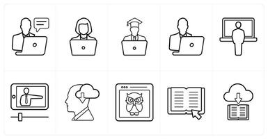 A set of 10 online education icons as online study, student, study, online course in black line color vector