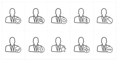 A set of 10 profile icons as favorite profile, search profile, send profile in black line color vector