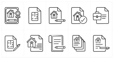 A set of 10 Real Estate icons as mortgage application, floor plan, property checklist, in black line color vector