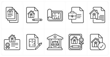 A set of 10 Real Estate icons as property paper, property checklist, blue print in black line color vector