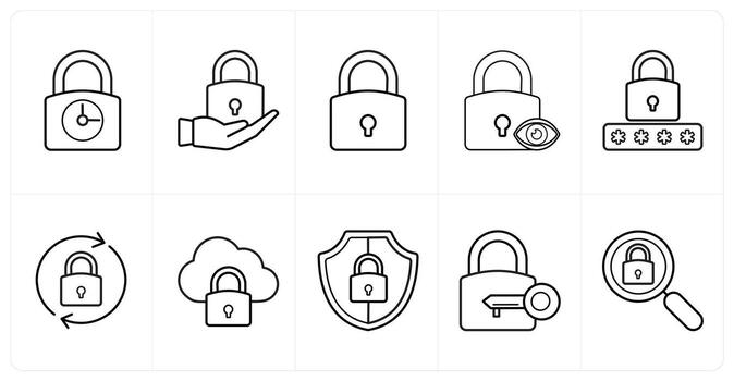 A set of 10 Security icons as security period, privacy, lock in black line color vector