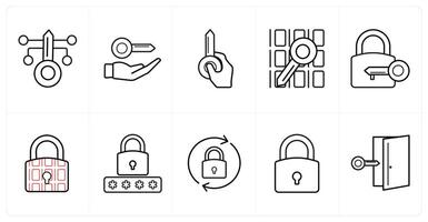 A set of 10 Security icons as key security, access key, data in black line color vector