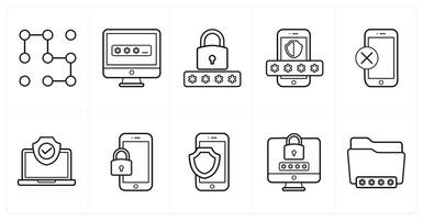 A set of 10 Security icons as pattern, password, login in black line color vector