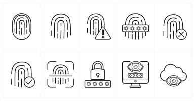 A set of 10 Security icons as fingerprint, fingerprint error, biometric in black line color vector