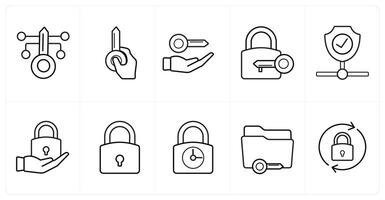 A set of 10 Security icons as key security, access key, lock key in black line color vector