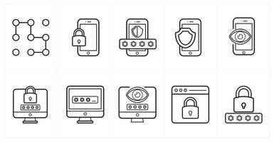A set of 10 Security icons as pattern, mobile security, security password in black line color vector