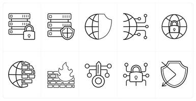 A set of 10 Security icons as database security, global security, data network in black line color vector