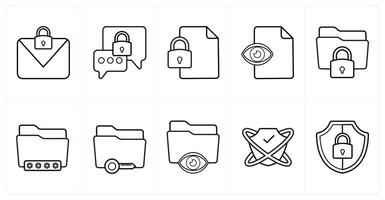 A set of 10 Security icons as email protection, encrypted message, file protection in black line color vector