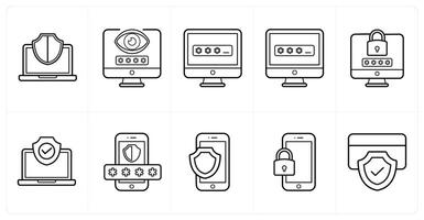 A set of 10 Security icons as laptop security, password, antivirus in black line color vector