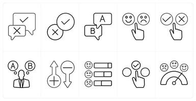 A set of 10 survey and ratings icons as validation, option, feebback in black line color vector