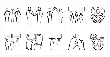 A set of 10 Teamwork icons as team, handshake, success in black line color vector