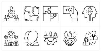 A set of 10 Teamwork icons as teamwork, partners, puzzle in black line color vector