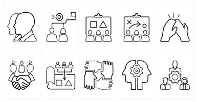 A set of 10 Teamwork icons as group people, target, planning in black line color vector
