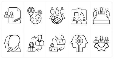 A set of 10 Teamwork icons as creative, international team, partners in black line color vector