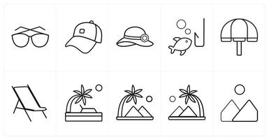 A set of 10 Travel and vacation icons as sunglasses, cap, hat in black line color vector