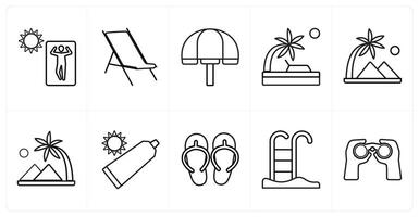 A set of 10 Travel and vacation icons as sunbath, rest, beach in black line color vector