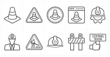 A set of 10 Under Construction icons as traffic, cone, website maintenance in black line color vector