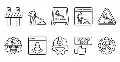 A set of 10 Under Construction icons as under construction, work in progress, website maintenance in black line color vector