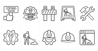 A set of 10 Under Construction icons as coming soon, under maintenance, work in progress in black line color vector