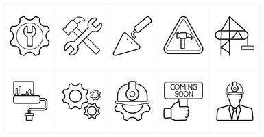 A set of 10 Under Construction icons as tools, repair tools, hand tools in black line color vector