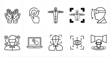 A set of 10 Virtual Reality icons as wiblack gloves, interaction, motion tracking in black line color vector