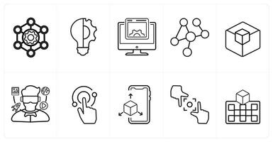 A set of 10 Virtual Reality icons as framework, innovation, interface in black line color vector