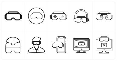 A set of 10 Virtual Reality icons as vr glaases, emotion, game in black line color vector