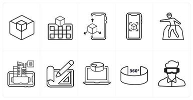 A set of 10 Virtual Reality icons as 3d model, vr projection, 3d display in black line color vector