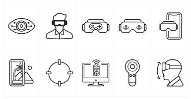 A set of 10 Virtual Reality icons as cyber eye vision, oculus vr, vr gaming in black line color vector