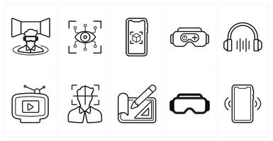 A set of 10 Virtual Reality icons as vr simulator, eye tap, virtual presentation in black line color vector