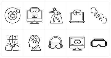 A set of 10 Virtual Reality icons as camera 360, 3d , vr platform in black line color vector