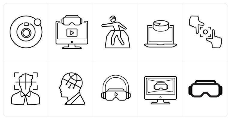 A set of 10 Virtual Reality icons as camera 360, 3d , vr platform in black line color
