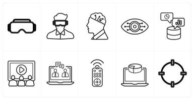 A set of 10 Virtual Reality icons as vr glasses, oculus vr, artificial intelligence in black line color vector