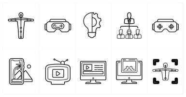 A set of 10 Virtual Reality icons as motion tracking, vr gaming, innovation in black line color vector