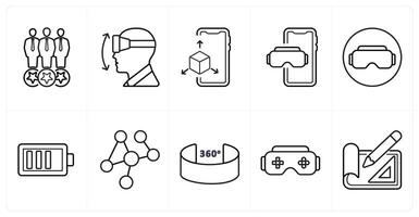 A set of 10 Virtual Reality icons as consumers, vr movements, 3d display in black line color vector