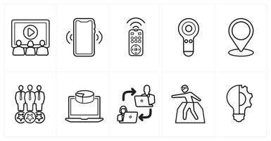 A set of 10 Virtual Reality icons as cinema room, sensor, remote access in black line color vector