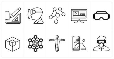 A set of 10 Virtual Reality icons as projection mapping, vr movements, interaction in black line color vector